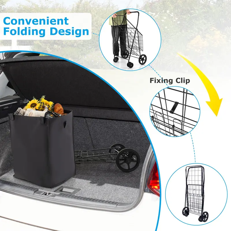 Heavy-Duty Folding Grocery Cart – 330-LB Capacity, Dual Baskets, and 360° Swivel Wheels