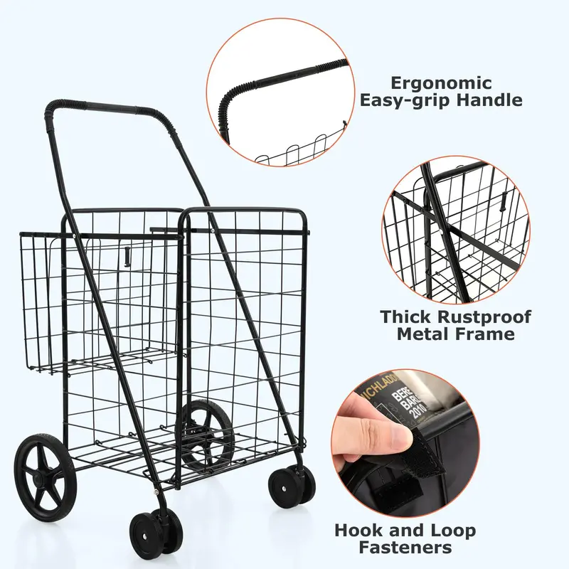 Heavy-Duty Folding Grocery Cart – 330-LB Capacity, Dual Baskets, and 360° Swivel Wheels