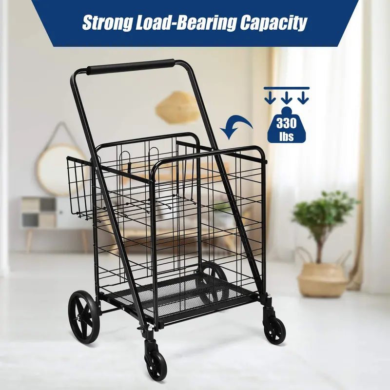 Heavy-Duty Folding Grocery Cart with Dual Baskets, 330-LB Capacity, and 360° Swivel Wheels 2