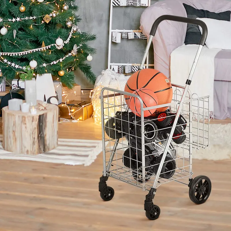 Heavy-Duty Folding Shopping Cart with Dual Baskets and 360° Swivel Wheels 2
