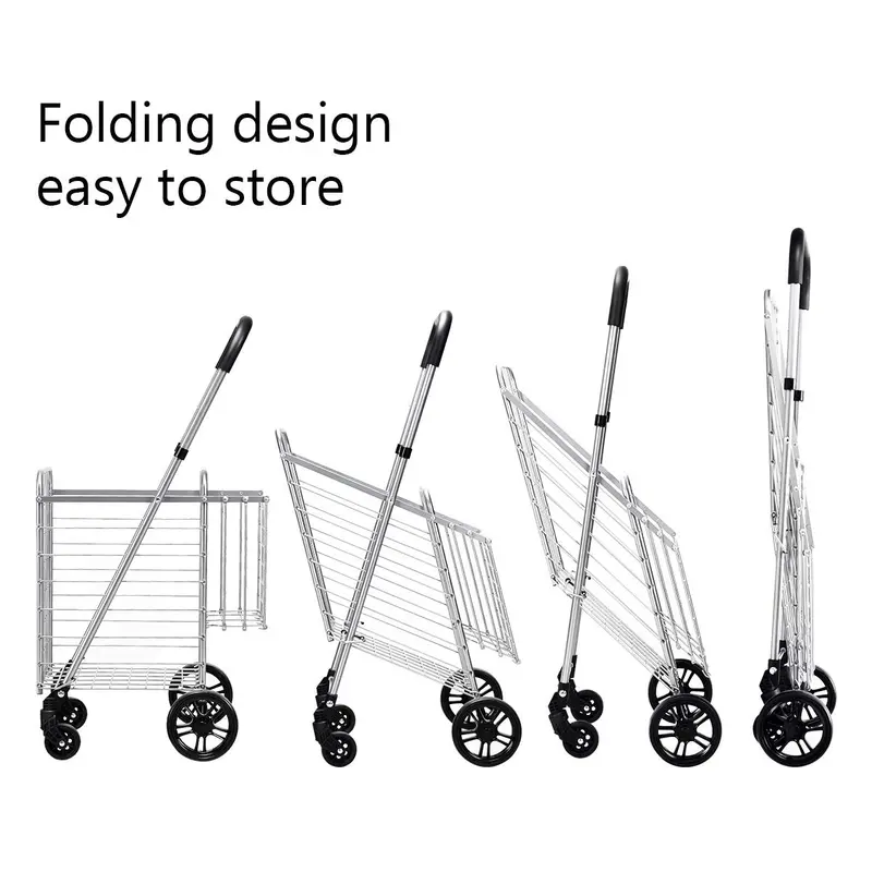 Heavy-Duty Folding Shopping Cart with Dual Baskets and 360° Swivel Wheels