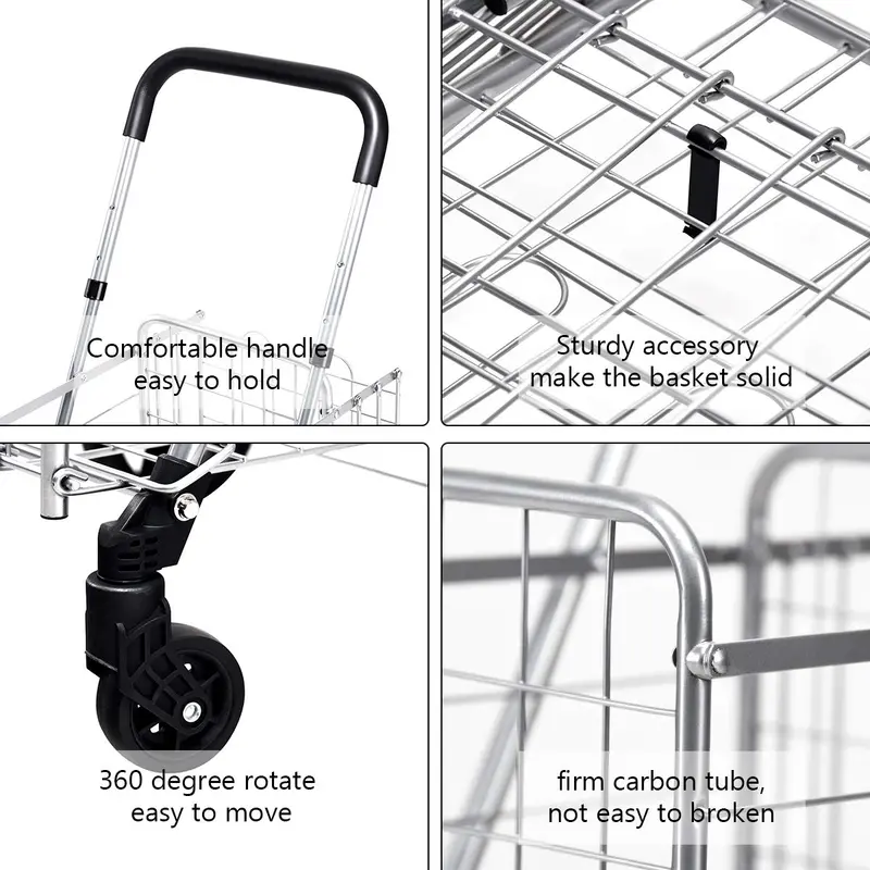 Heavy-Duty Folding Shopping Cart with Dual Baskets and 360° Swivel Wheels