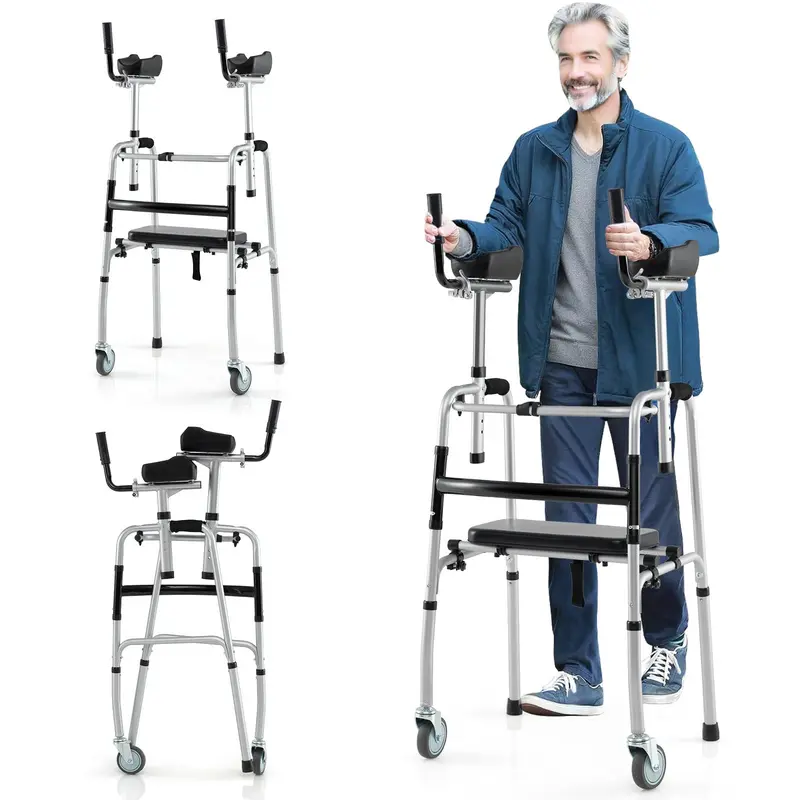 Heavy-Duty Folding Walker – 450 lb Capacity, 5-Inch Wheels, Padded Seat & Removable Armrests