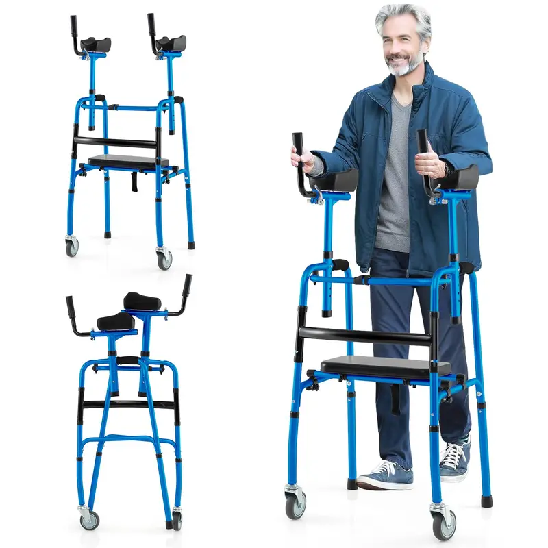 Heavy-Duty Folding Walker – 450 lb Capacity, 5-Inch Wheels, Padded Seat & Removable Armrests