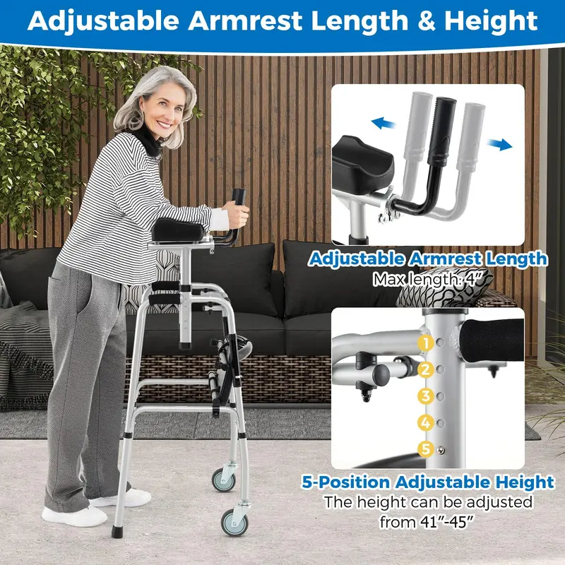 Heavy-Duty Folding Walker – 450 lb Capacity, 5-Inch Wheels, Padded Seat & Removable Armrests