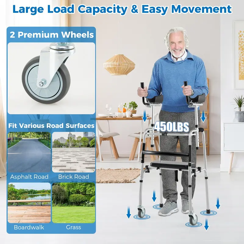 Heavy-Duty Folding Walker – 450 lb Capacity, 5-Inch Wheels, Padded Seat & Removable Armrests