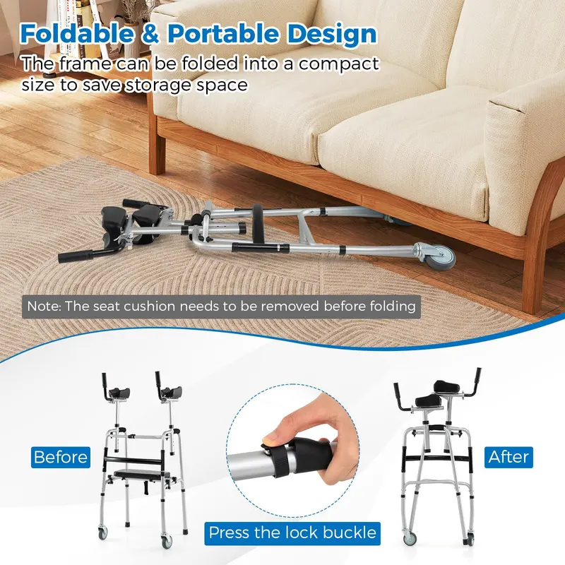 Heavy-Duty Folding Walker – 450 lb Capacity, 5-Inch Wheels, Padded Seat & Removable Armrests