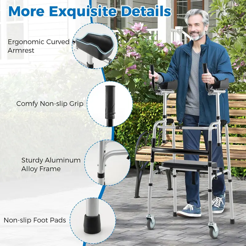 Heavy-Duty Folding Walker – 450 lb Capacity, 5-Inch Wheels, Padded Seat & Removable Armrests