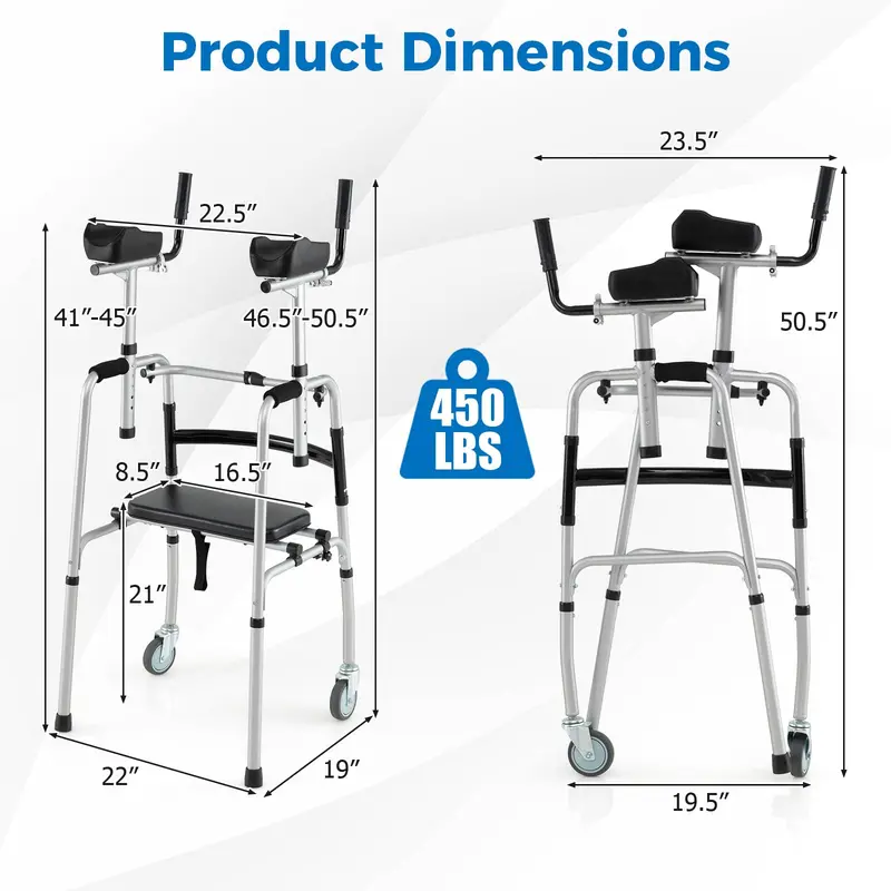 Heavy-Duty Folding Walker – 450 lb Capacity, 5-Inch Wheels, Padded Seat & Removable Armrests