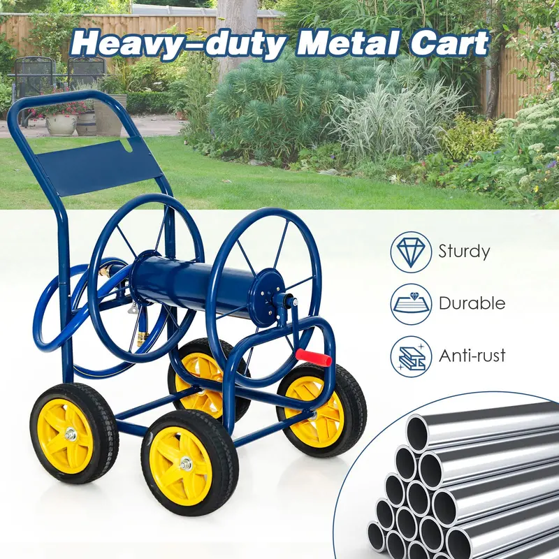 Heavy-Duty Garden Hose Reel Cart with Non-Slip Crank & 4 Solid Wheels
