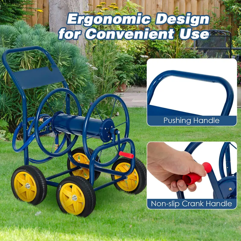 Heavy-Duty Garden Hose Reel Cart with Non-Slip Crank & 4 Solid Wheels
