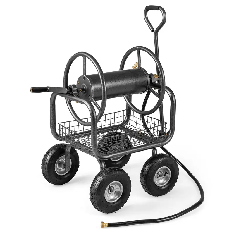 Heavy-Duty Hose Reel Cart with Integrated Storage Basket – Supports 300 Feet of 5/8-Inch Garden Hose