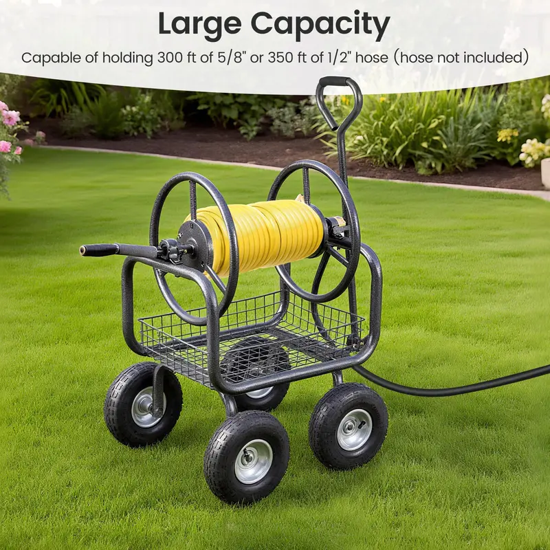 Heavy-Duty Hose Reel Cart with Integrated Storage Basket – Supports 300 Feet of 5/8-Inch Garden Hose 2