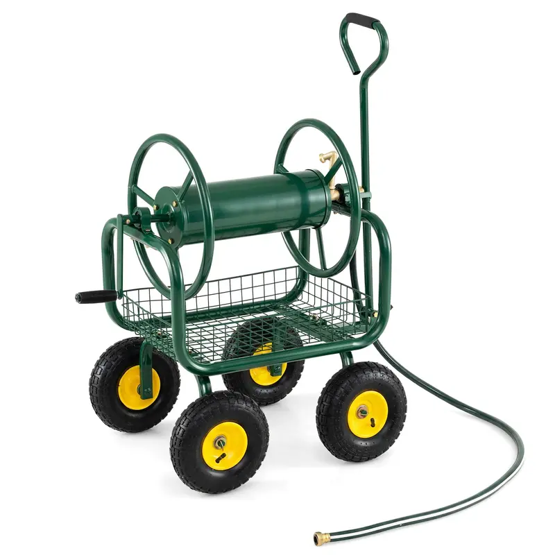 Heavy-Duty Hose Reel Cart with Integrated Storage Basket – Supports 300 Feet of 5/8-Inch Garden Hose