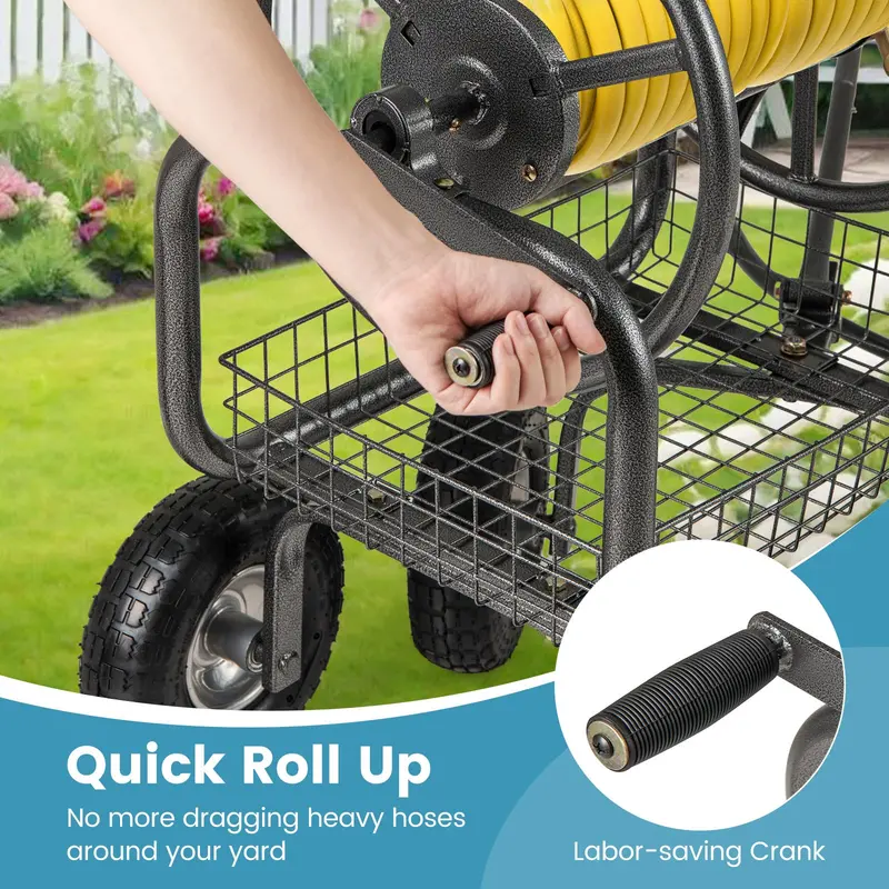 Heavy-Duty Hose Reel Cart with Integrated Storage Basket – Supports 300 Feet of 5/8-Inch Garden Hose