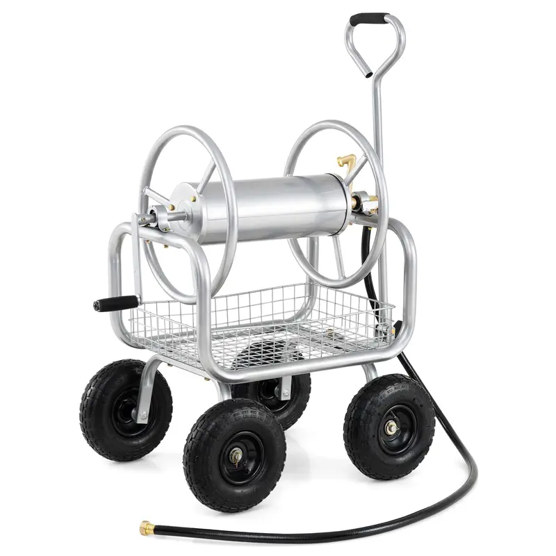 Heavy-Duty Hose Reel Cart with Integrated Storage Basket – Supports 300 Feet of 5/8-Inch Garden Hose