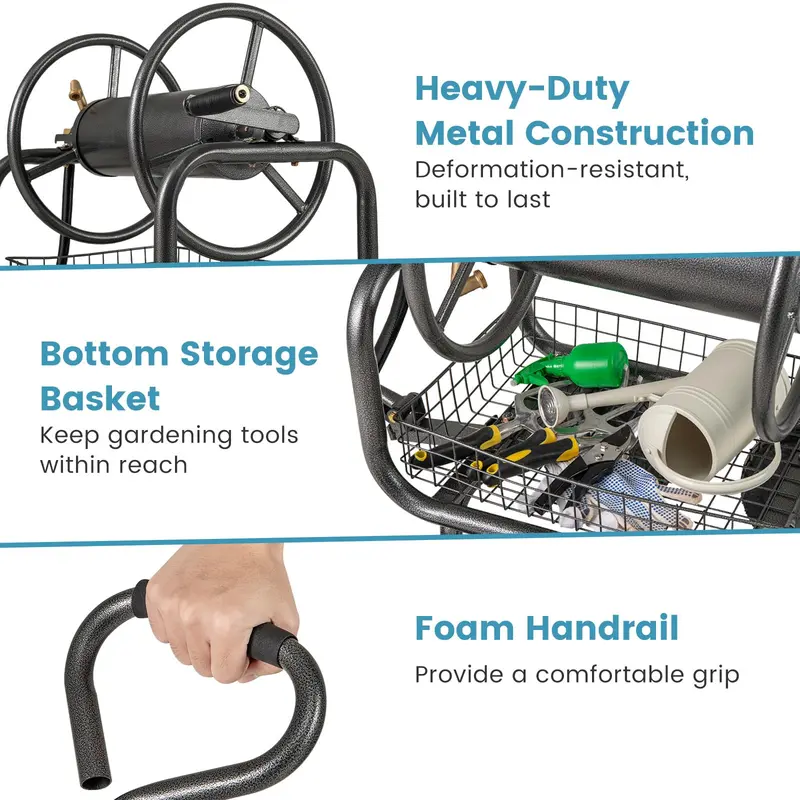 Heavy-Duty Hose Reel Cart with Integrated Storage Basket – Supports 300 Feet of 5/8-Inch Garden Hose