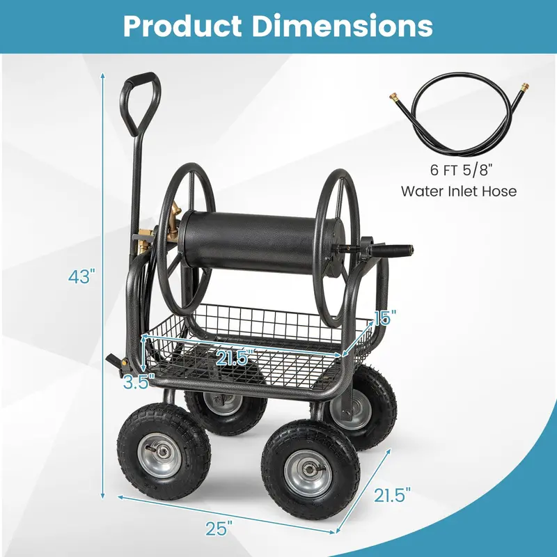 Heavy-Duty Hose Reel Cart with Integrated Storage Basket – Supports 300 Feet of 5/8-Inch Garden Hose