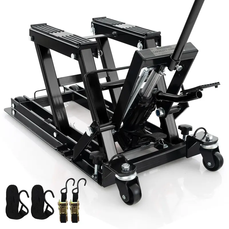 Heavy-Duty Hydraulic Motorcycle Lift – 1500 LB Capacity with Footplates & Extended Handle