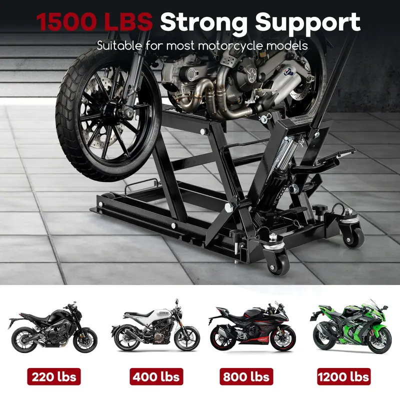 Heavy-Duty Hydraulic Motorcycle Lift – 1500 LB Capacity with Footplates & Extended Handle 2