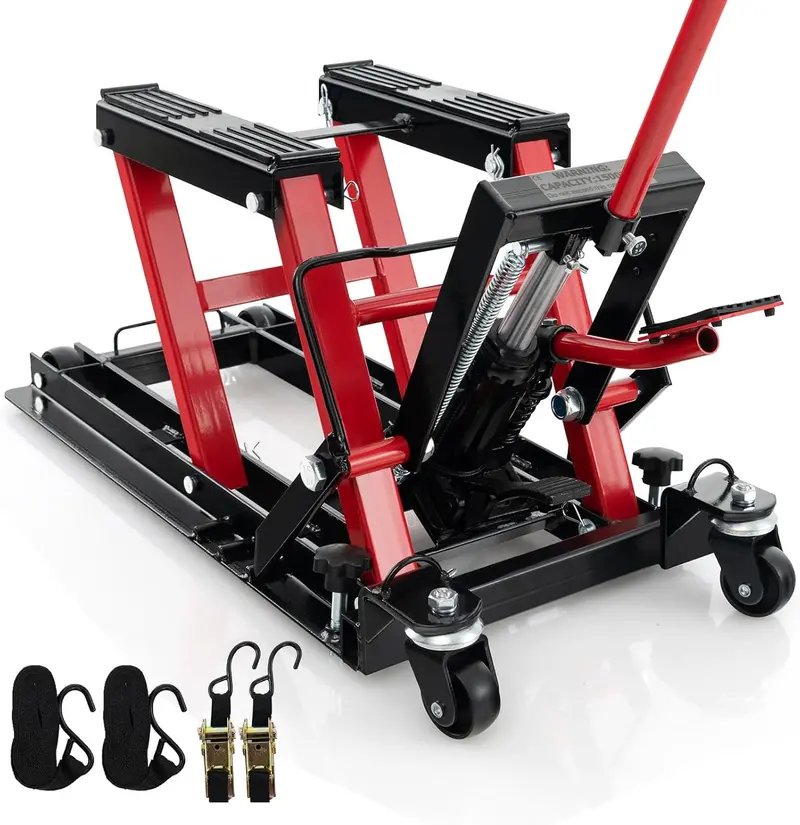 Heavy-Duty Hydraulic Motorcycle Lift – 1500 LB Capacity with Footplates & Extended Handle