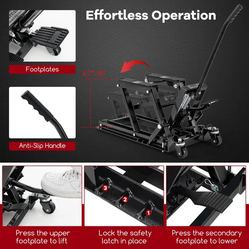 Heavy-Duty Hydraulic Motorcycle Lift – 1500 LB Capacity with Footplates & Extended Handle