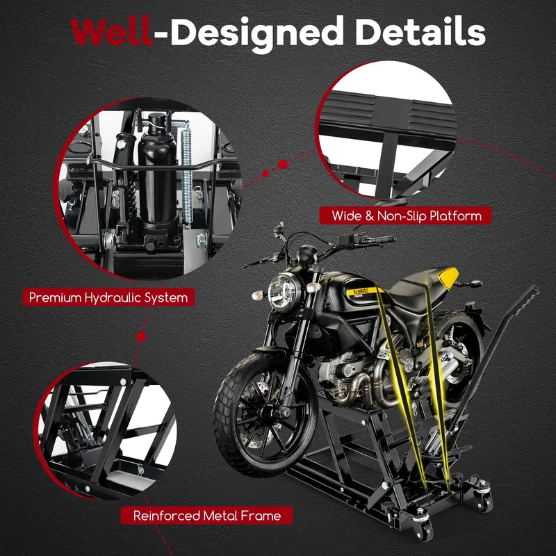 Heavy-Duty Hydraulic Motorcycle Lift – 1500 LB Capacity with Footplates & Extended Handle