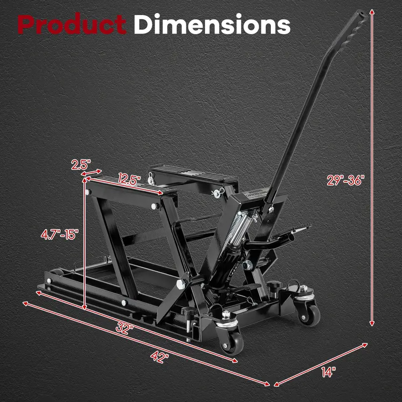 Heavy-Duty Hydraulic Motorcycle Lift – 1500 LB Capacity with Footplates & Extended Handle