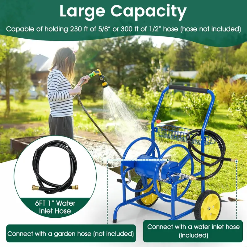 Heavy-Duty Metal Hose Cart – Dual-Wheel Design with Basket, Holds Up to 230 ft of 5/8" Hose 2