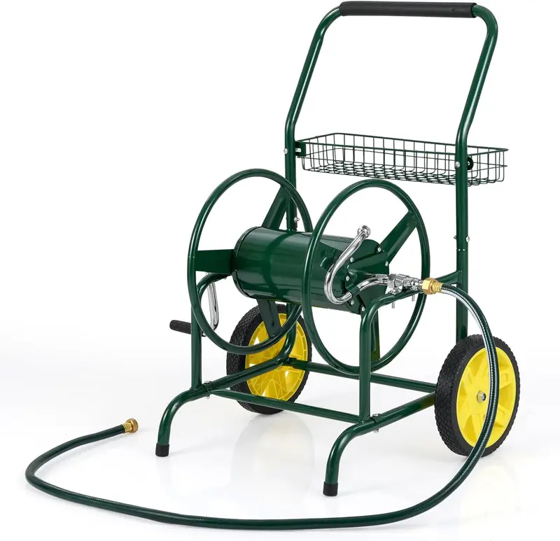 Heavy-Duty Metal Hose Cart – Dual-Wheel Design with Basket, Holds Up to 230 ft of 5/8" Hose