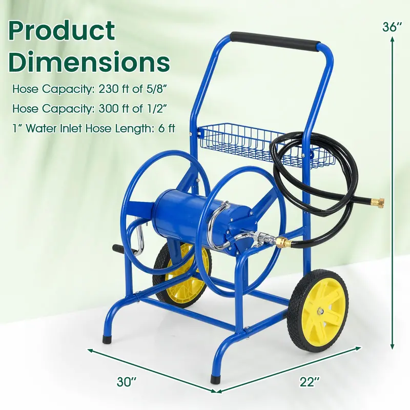 Heavy-Duty Metal Hose Cart – Dual-Wheel Design with Basket, Holds Up to 230 ft of 5/8" Hose