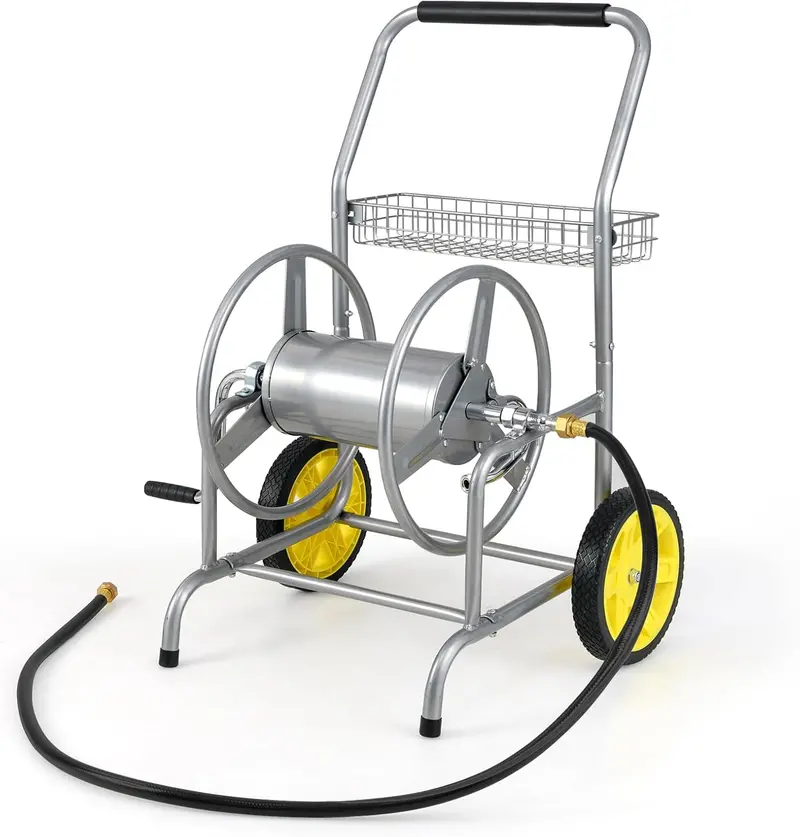 Heavy-Duty Metal Hose Cart – Dual-Wheel Design with Basket, Holds Up to 230 ft of 5/8" Hose