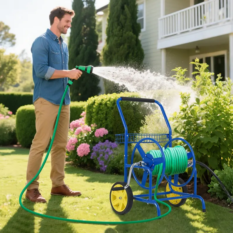Heavy-Duty Metal Hose Cart – Dual-Wheel Design with Basket, Holds Up to 230 ft of 5/8" Hose