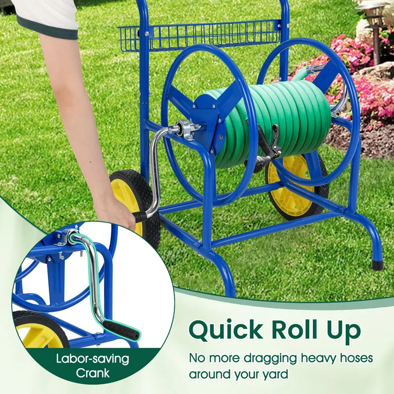 Heavy-Duty Metal Hose Cart – Dual-Wheel Design with Basket, Holds Up to 230 ft of 5/8" Hose