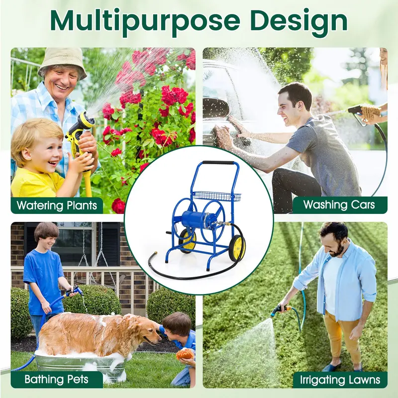 Heavy-Duty Metal Hose Cart – Dual-Wheel Design with Basket, Holds Up to 230 ft of 5/8" Hose