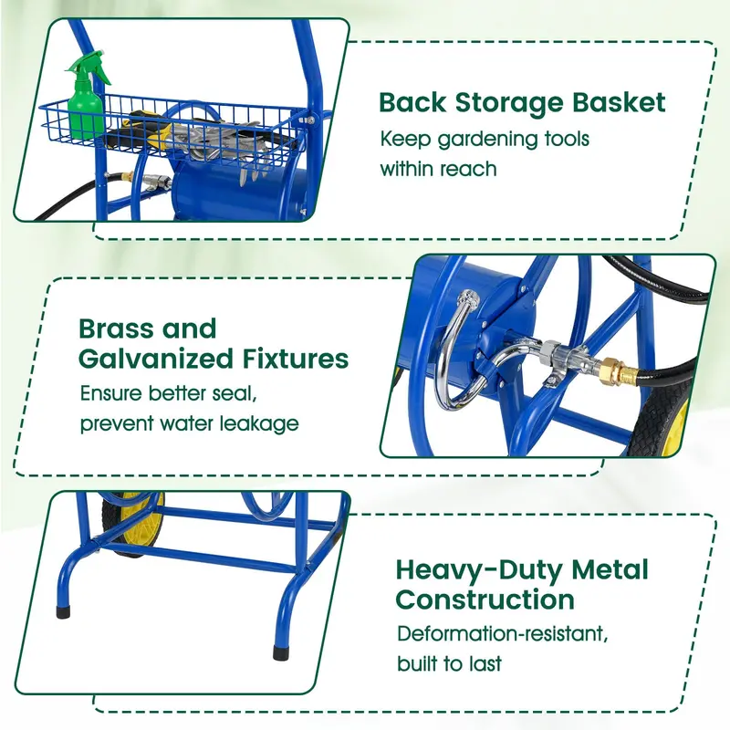 Heavy-Duty Metal Hose Cart – Dual-Wheel Design with Basket, Holds Up to 230 ft of 5/8" Hose