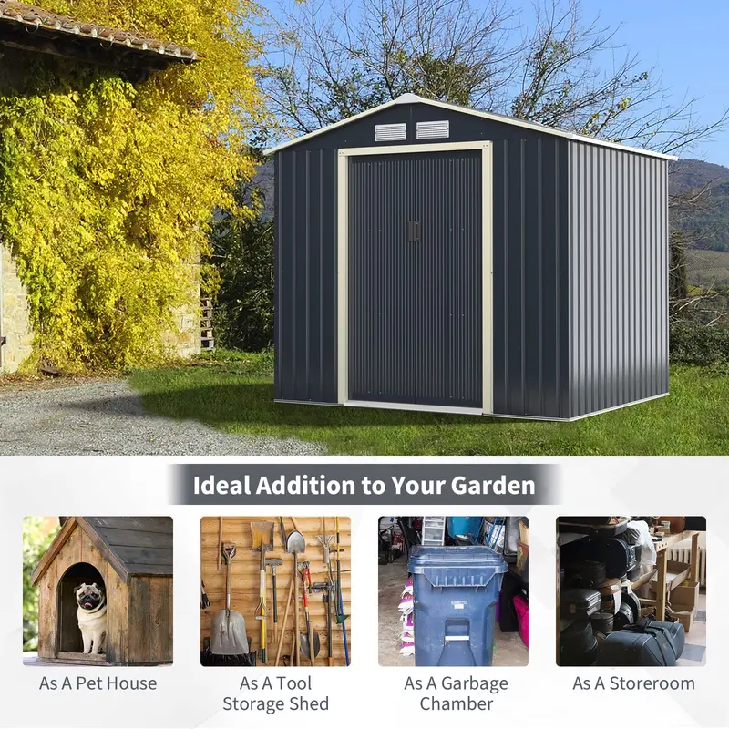 Heavy-Duty Metal Storage Shed – Outdoor 7'x6', 9'x6', or 9'x8' Building with Vents & Sliding Doors