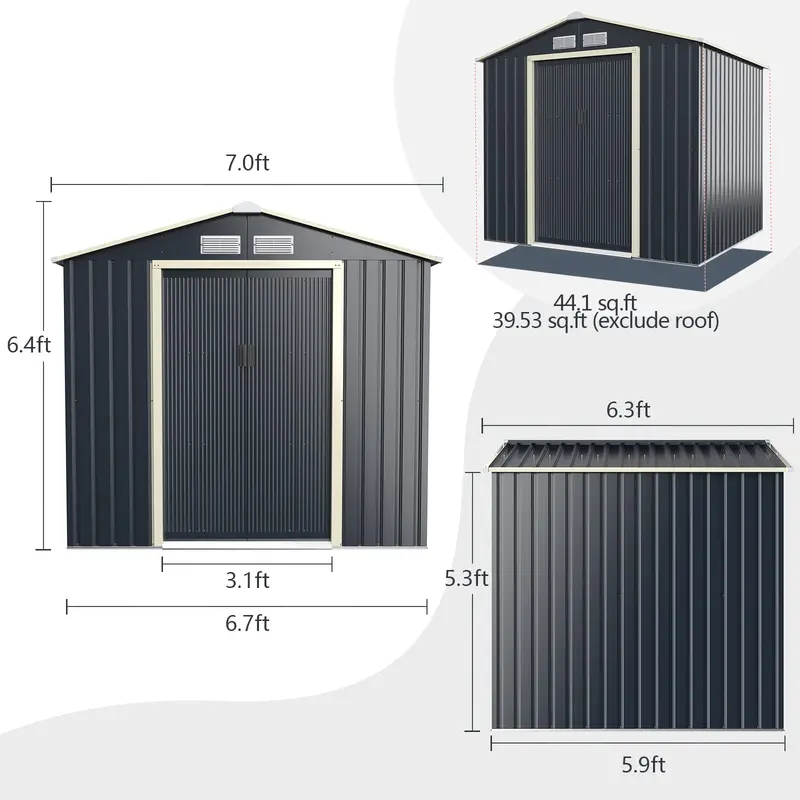 Heavy-Duty Metal Storage Shed – Outdoor 7'x6', 9'x6', or 9'x8' Building with Vents & Sliding Doors