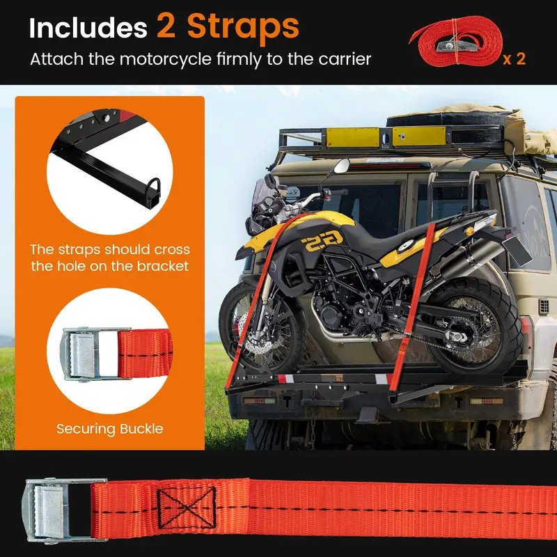 Heavy-Duty Motorcycle Carrier with Hitch Mount, Ramp, and 600 LB Capacity 2