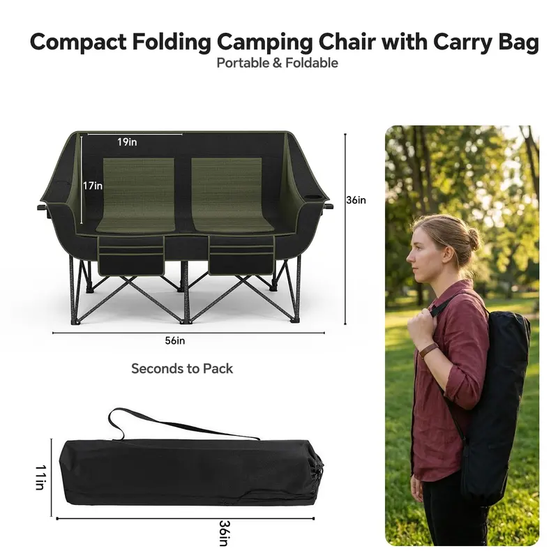 Heavy-Duty Oversized Two-Person Camping Loveseat – Folding Double Chair with Cup Holders & 660-Lb Capacity