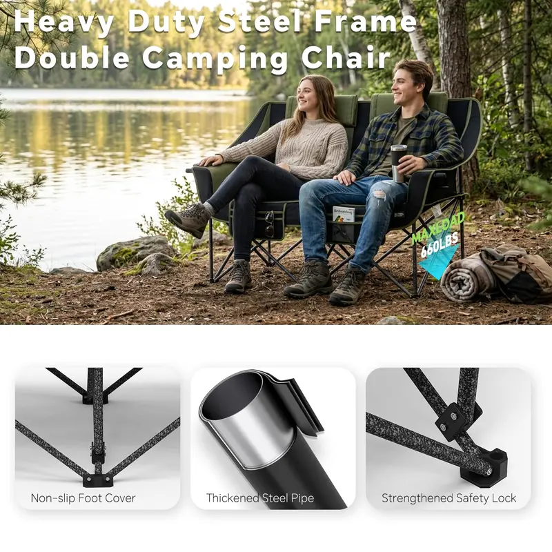 Heavy-Duty Oversized Two-Person Camping Loveseat – Folding Double Chair with Cup Holders & 660-Lb Capacity