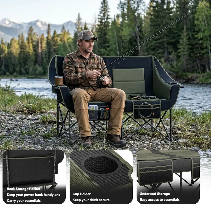 Heavy-Duty Oversized Two-Person Camping Loveseat – Folding Double Chair with Cup Holders & 660-Lb Capacity