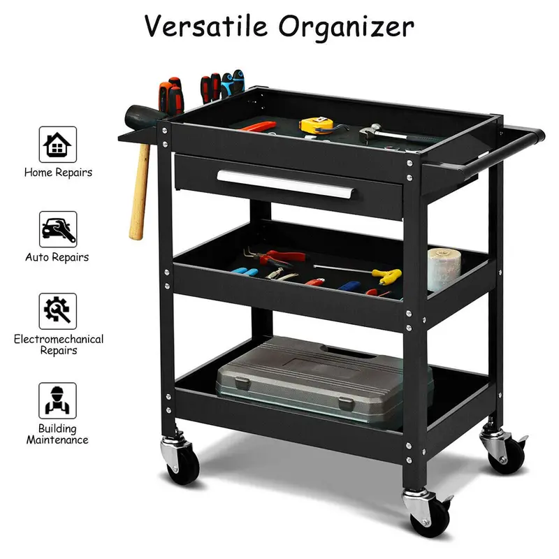 Heavy-Duty Rolling Tool Cart – 330-LB Capacity 3-Tier Mobile Workshop Organizer