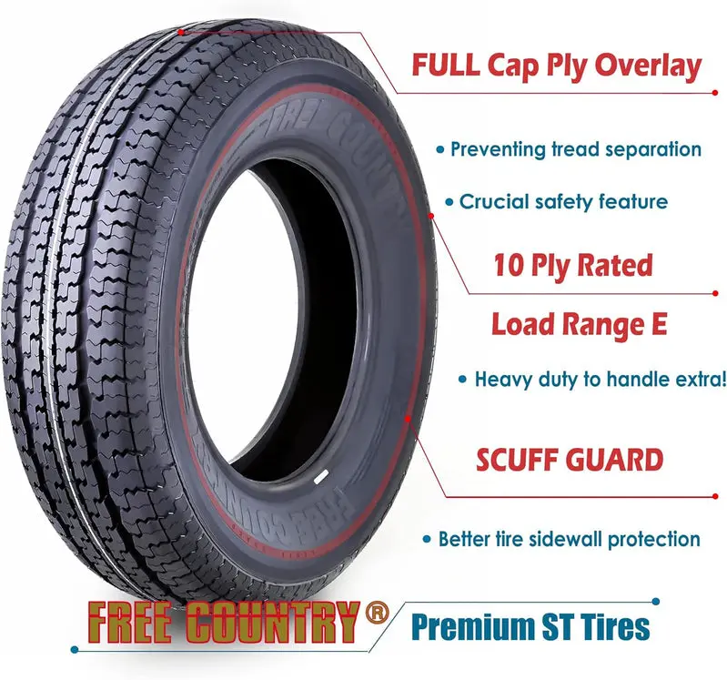 Heavy-Duty ST205/75R15 Trailer Tire Set (4) – 10-Ply Load Range E with Scuff Guard
