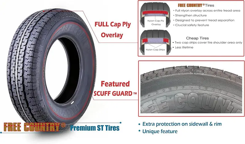Heavy-Duty ST205/75R15 Trailer Tire Set (4) – 10-Ply Load Range E with Scuff Guard
