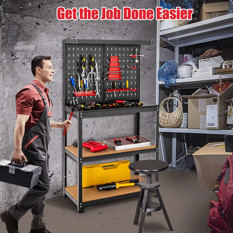 Heavy-Duty Steel Workbench with Pegboard – Tool Table Featuring 2 Open Shelves & 13 Accessories 2