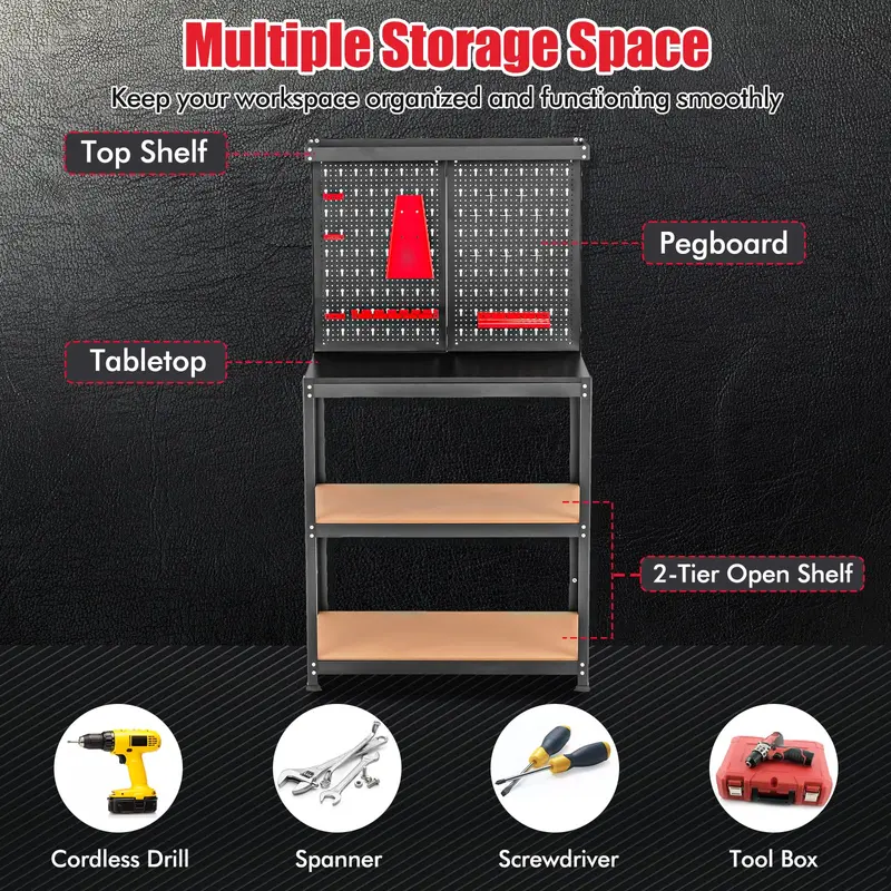 Heavy-Duty Steel Workbench with Pegboard – Tool Table Featuring 2 Open Shelves & 13 Accessories
