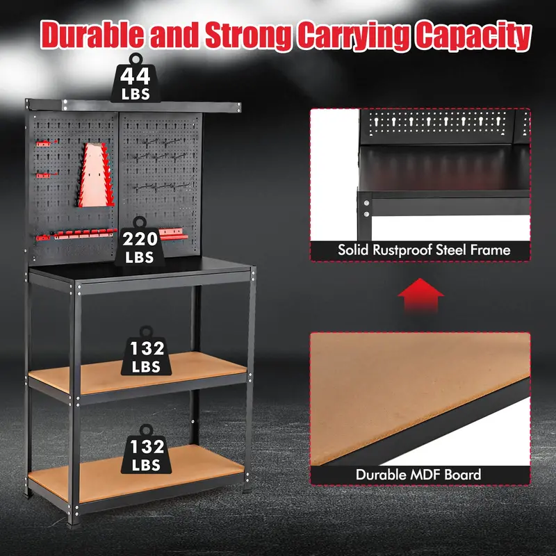 Heavy-Duty Steel Workbench with Pegboard – Tool Table Featuring 2 Open Shelves & 13 Accessories