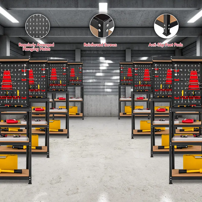 Heavy-Duty Steel Workbench with Pegboard – Tool Table Featuring 2 Open Shelves & 13 Accessories