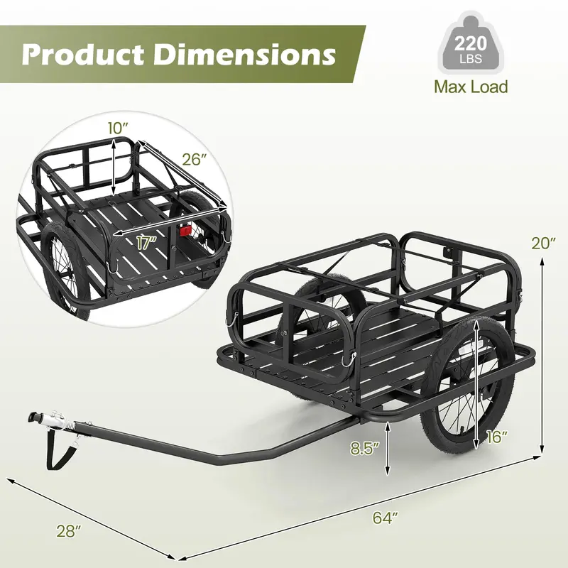 Heavy-Duty Universal Bike Cargo Trailer with 16-Inch All-Terrain Tires and Secure Hitch